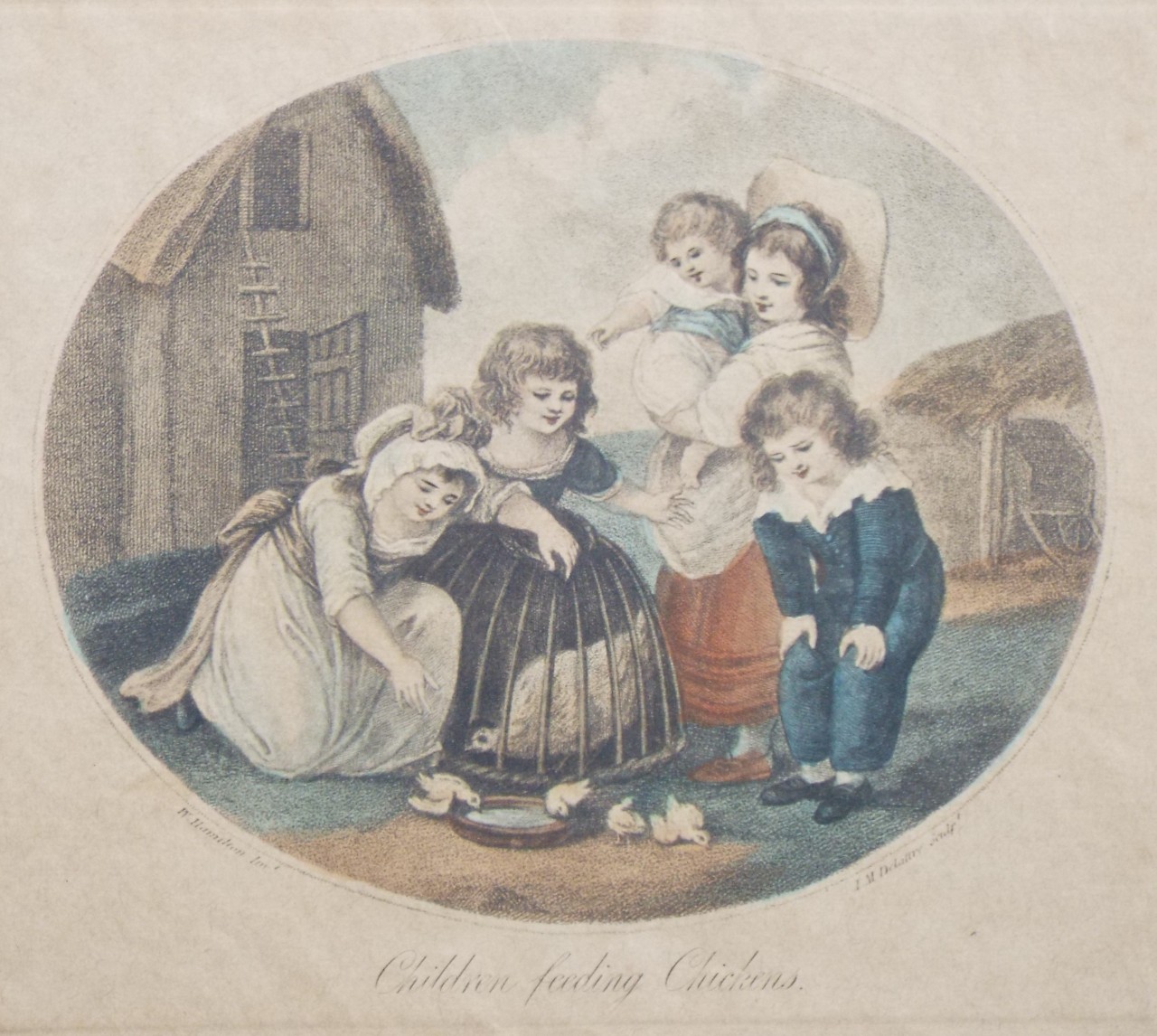 Lithograph - Children feeding Chickens.