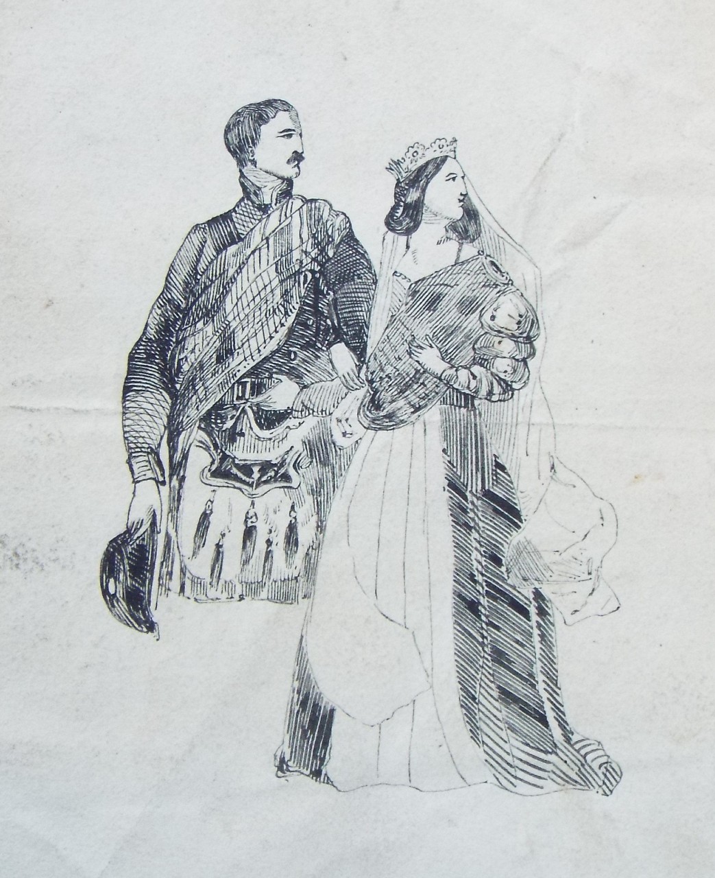 Ink drawing - Victoria and Albert in Scottish Costumes.