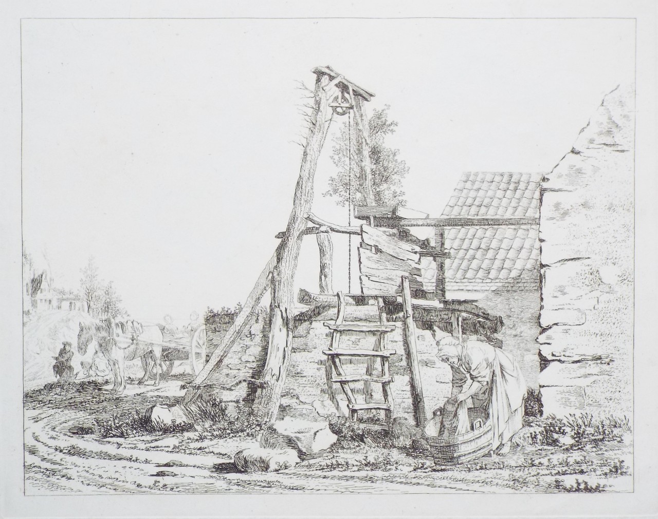 Etching - A Woman Washing Clothes at the Draw-Well at Broughton - Sandby