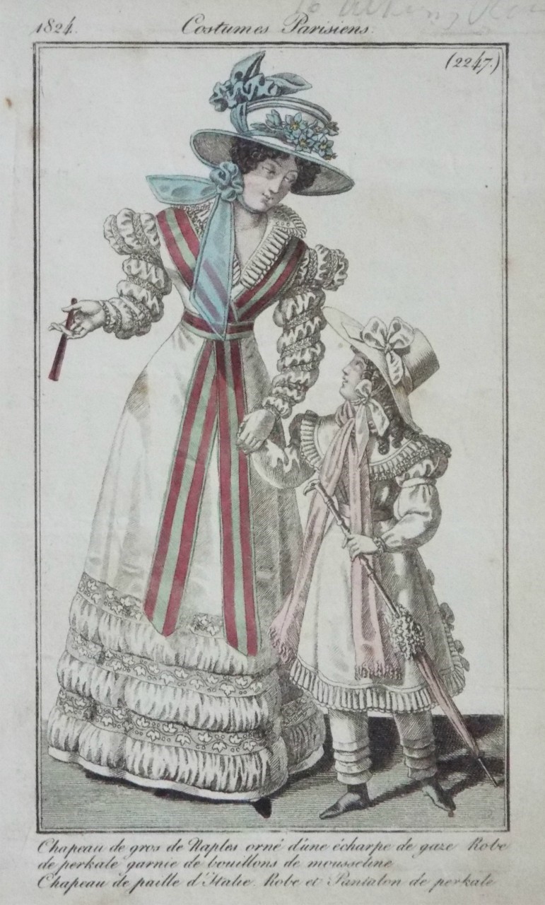 Print - Chapeau de gros de Naples orne d'une echarpe de gaze Robe de perkale garnie de bouillons de mousseline Chapeau de paille d'Italie. Robe et Pantalon de perkale.