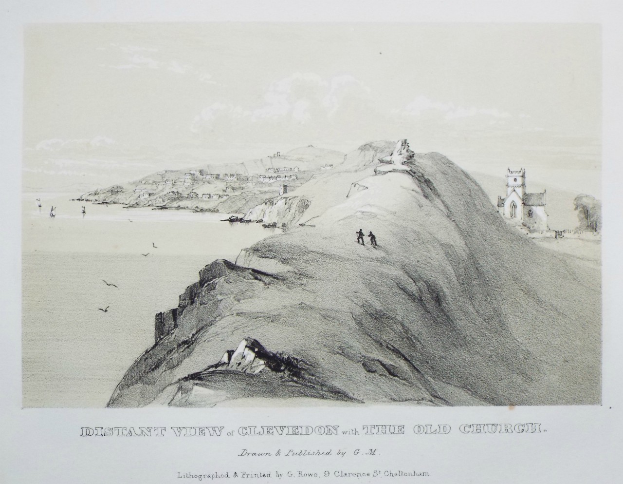 Lithograph - Distant View of Clevedon with the Old Church. - Rowe