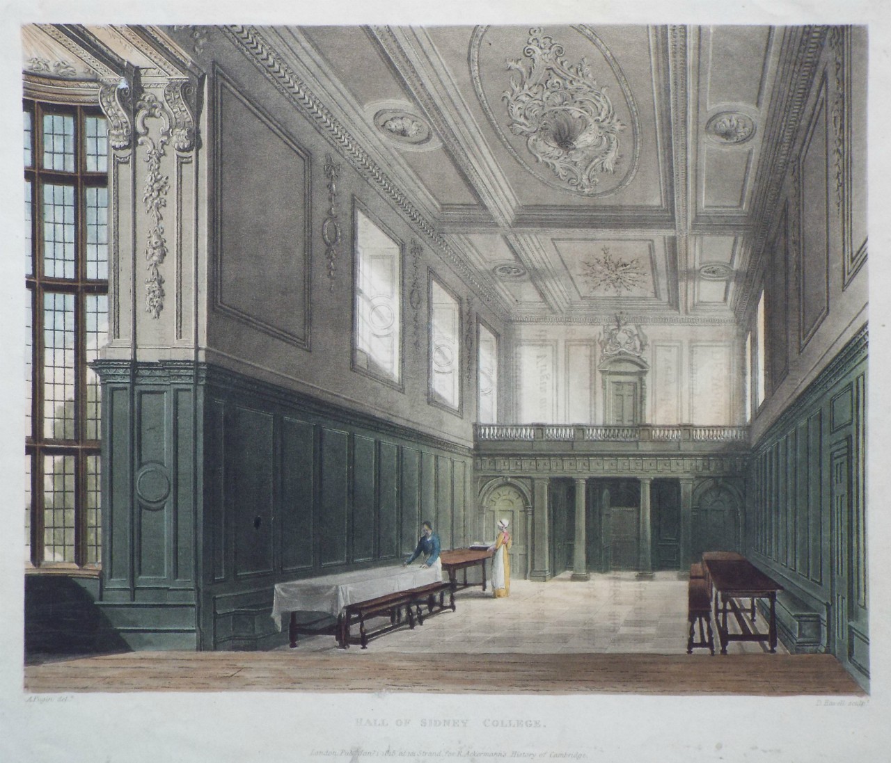 Aquatint - Hall of Sidney College. - Havell