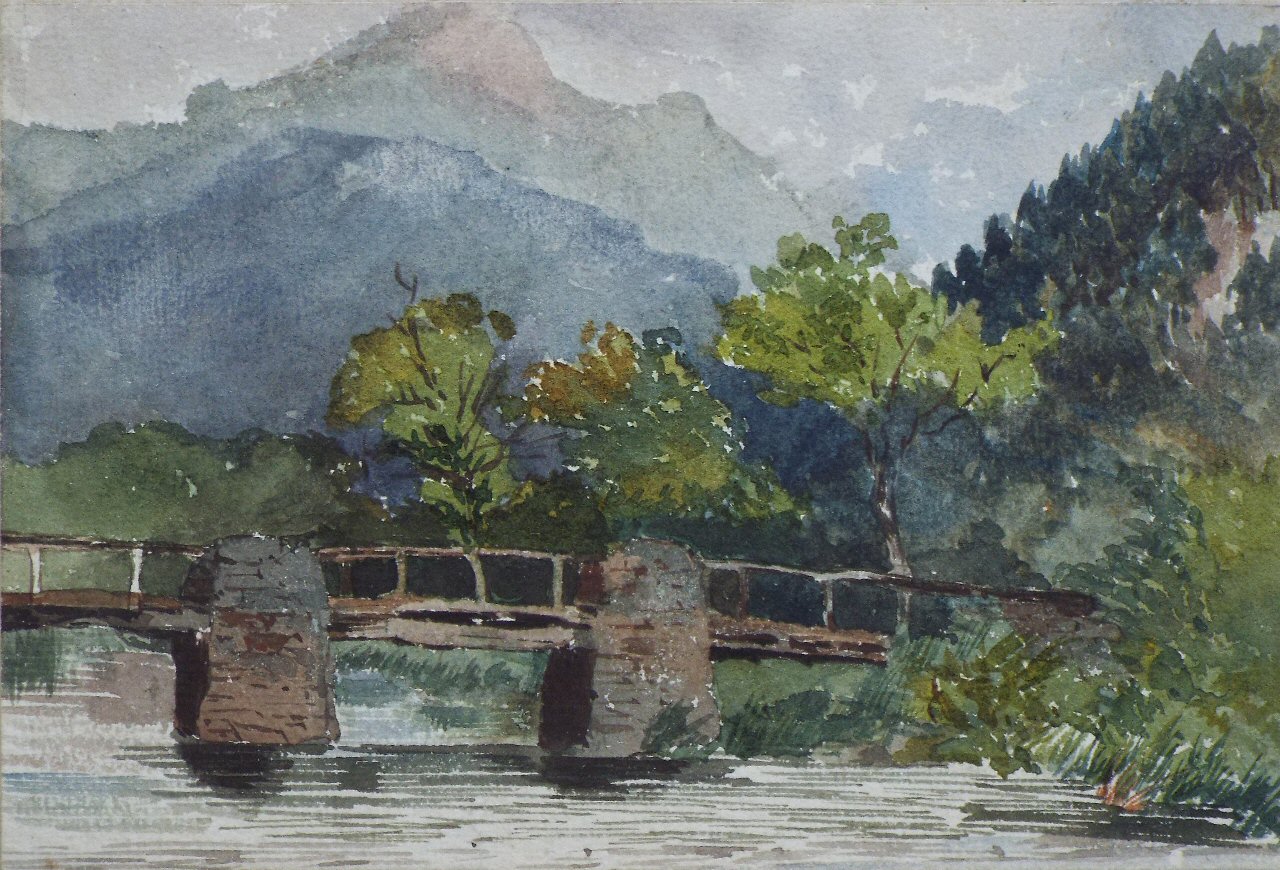 Watercolour - (Wooden bridge over river)