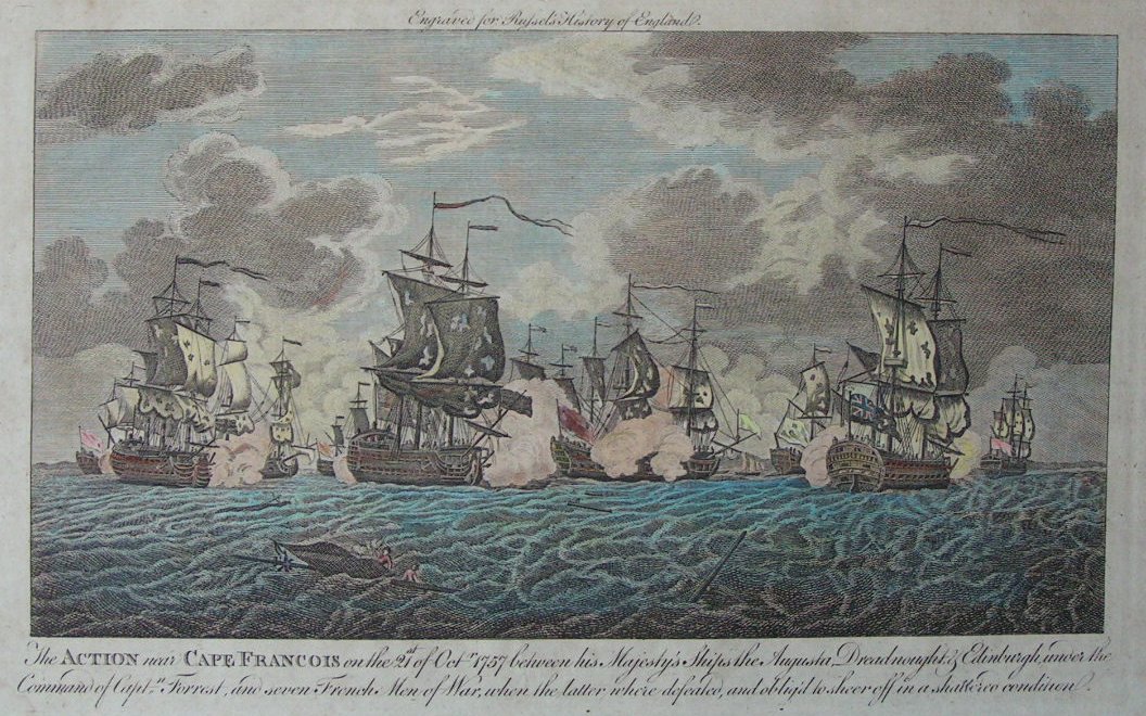 Print - The Action near Cape Francois on the 21st Oct 1757 between his Majesty's Ships the Augusta, Dreadnought & Edinburgh, under the Command of Captn Forrest, and seven French Men of War, when the latter where defeated, and obliged to sheer off in a shattered condition.