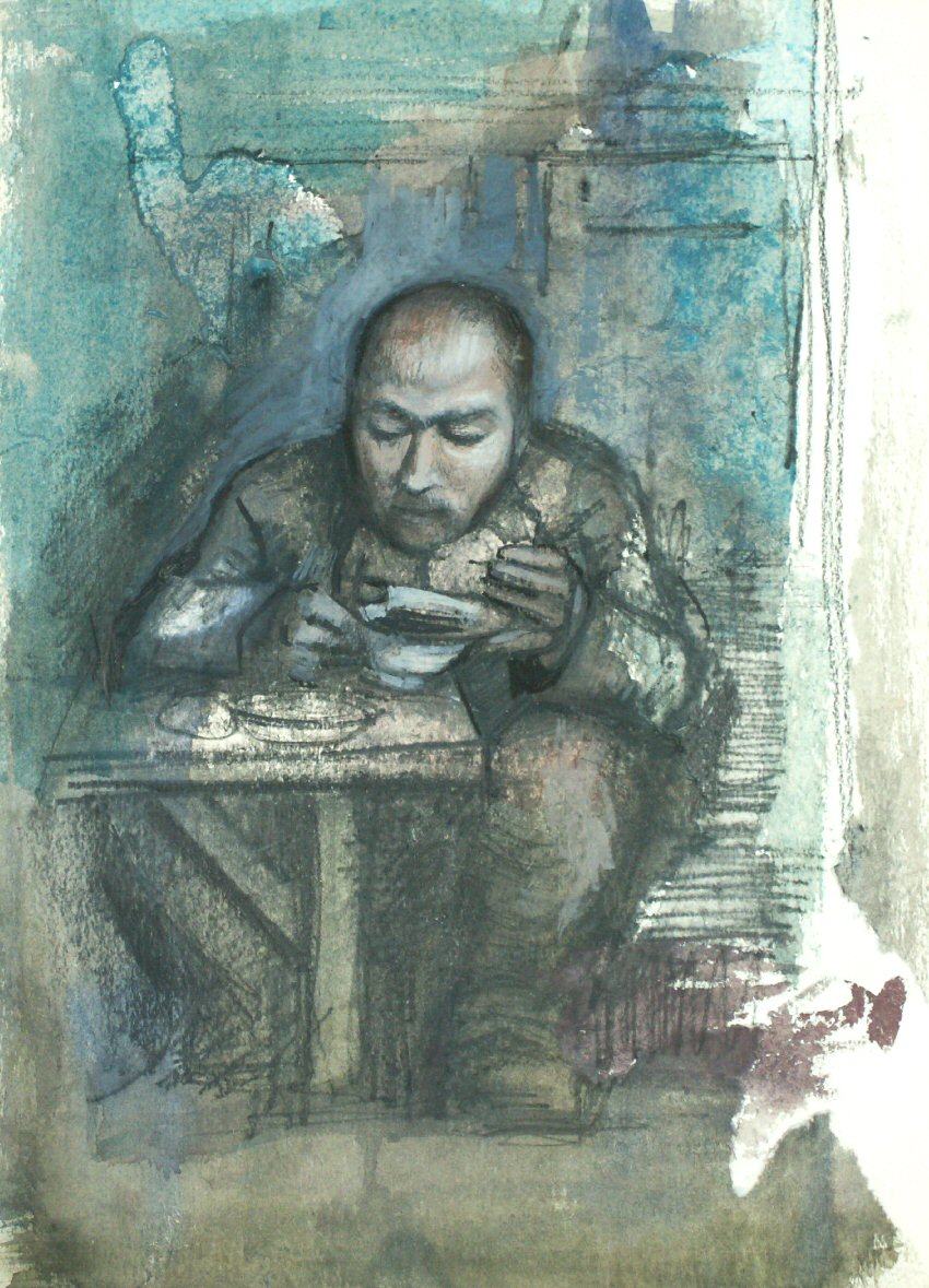 Watercolour - (Man eating bread & soup at a table)