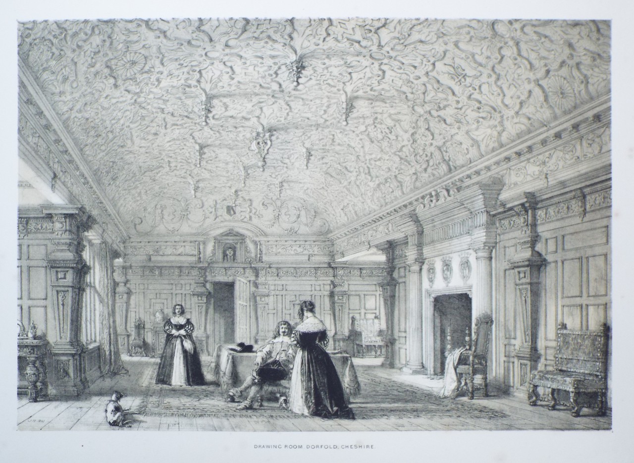 Lithograph - Drawing Room, Dorfold, Cheshire. - Nash