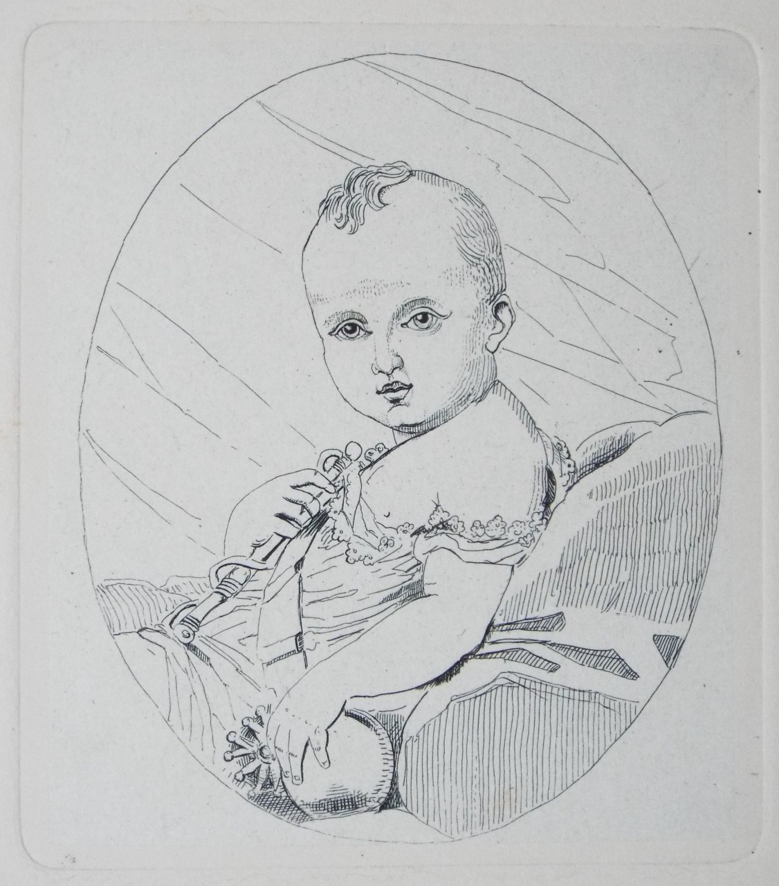 Etching - A baby holding a rattle - Wilkinson