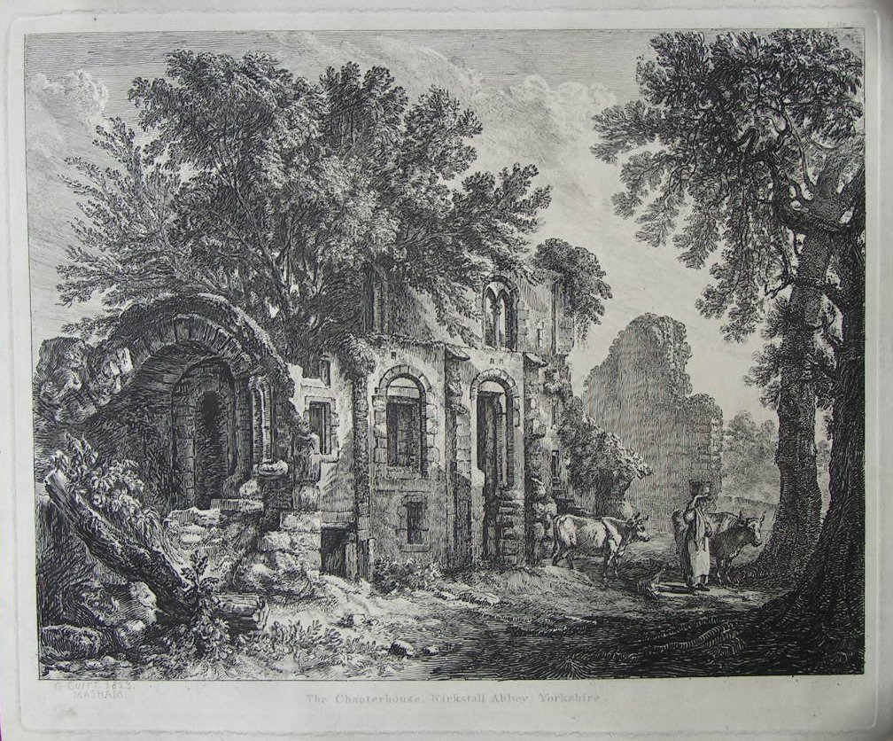 Etching - The Chapterhouse, Kirkstall Abbey, YorkshireWensley Mill, Yorkshire 1827 - Cuitt