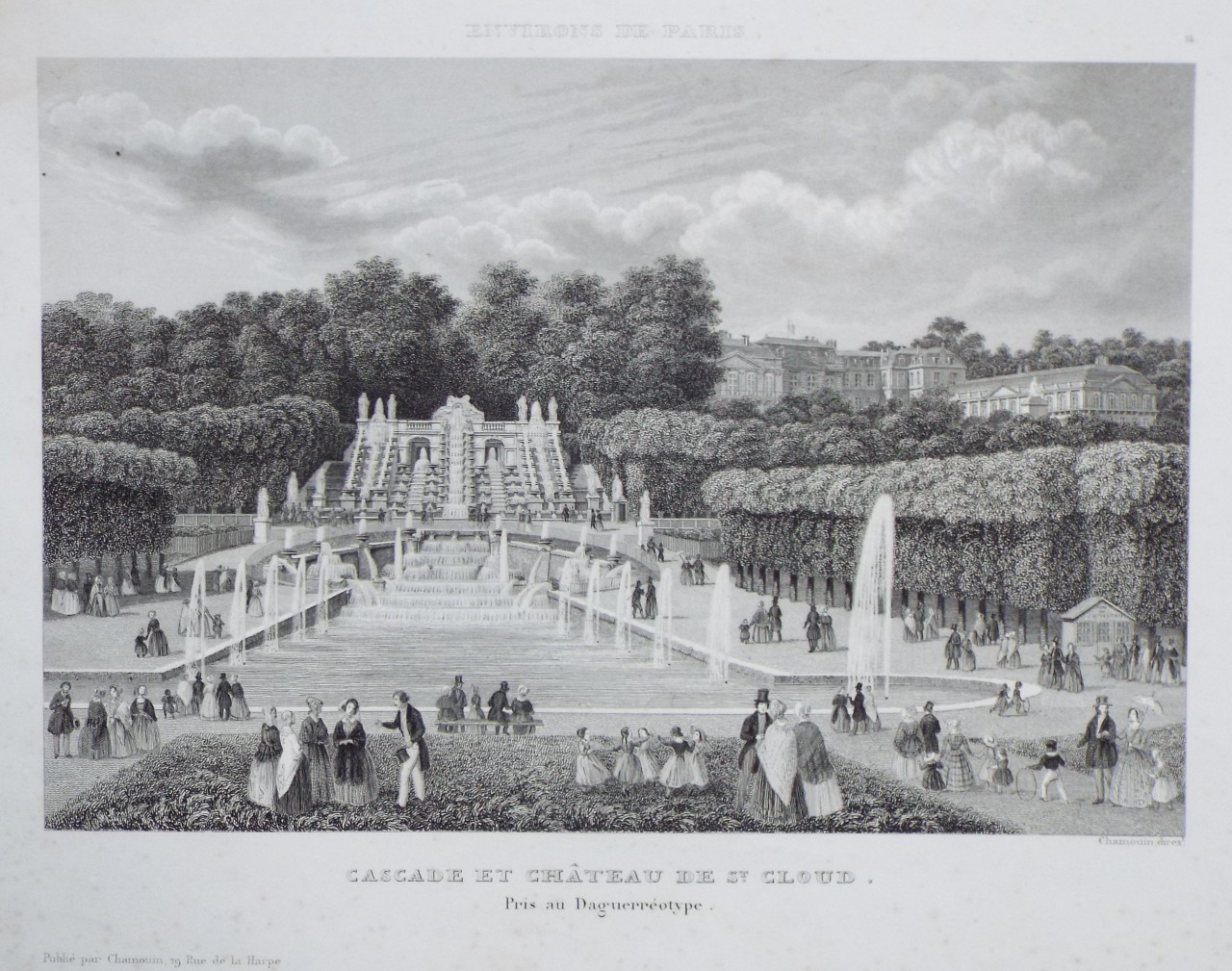 Print - Environs de Paris. Cascade et Chateau de St. Cloud. Prise au Daguerotype.