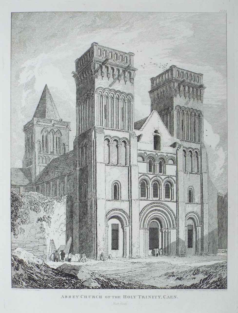 Etching - Abbey Church of the Holy Trinity, Caen. West front. - Cotman