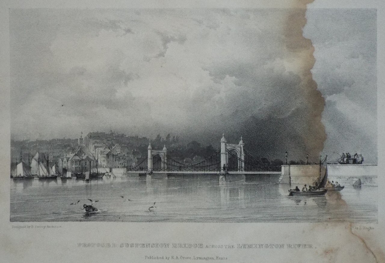 Lithograph - Proposed Suspension Bridge across the Lymington River. - Haghe