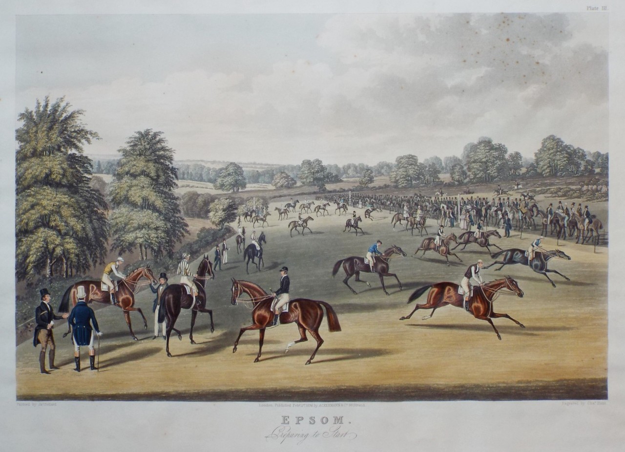Aquatint - Epsom. Preparing to Start. - Hunt