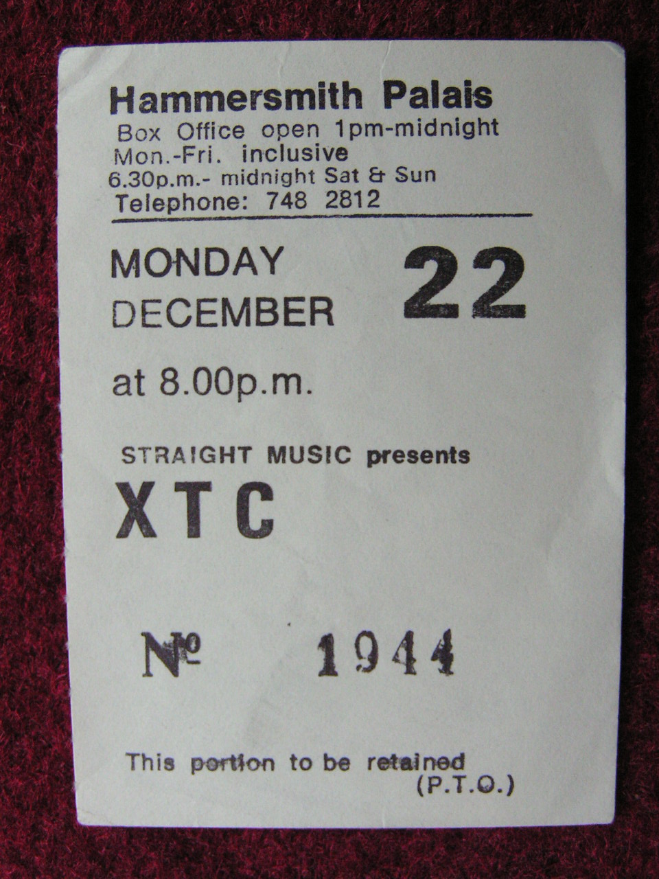 Ticket Stub - XTC Hammersmith Palais Mon 22/12/80