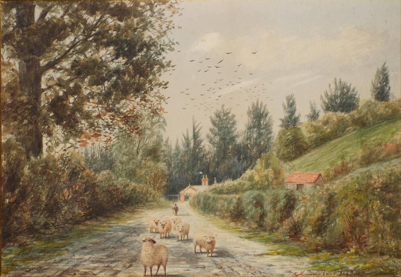 Watercolour - (Country lane with six sheep and lodge gate in background)