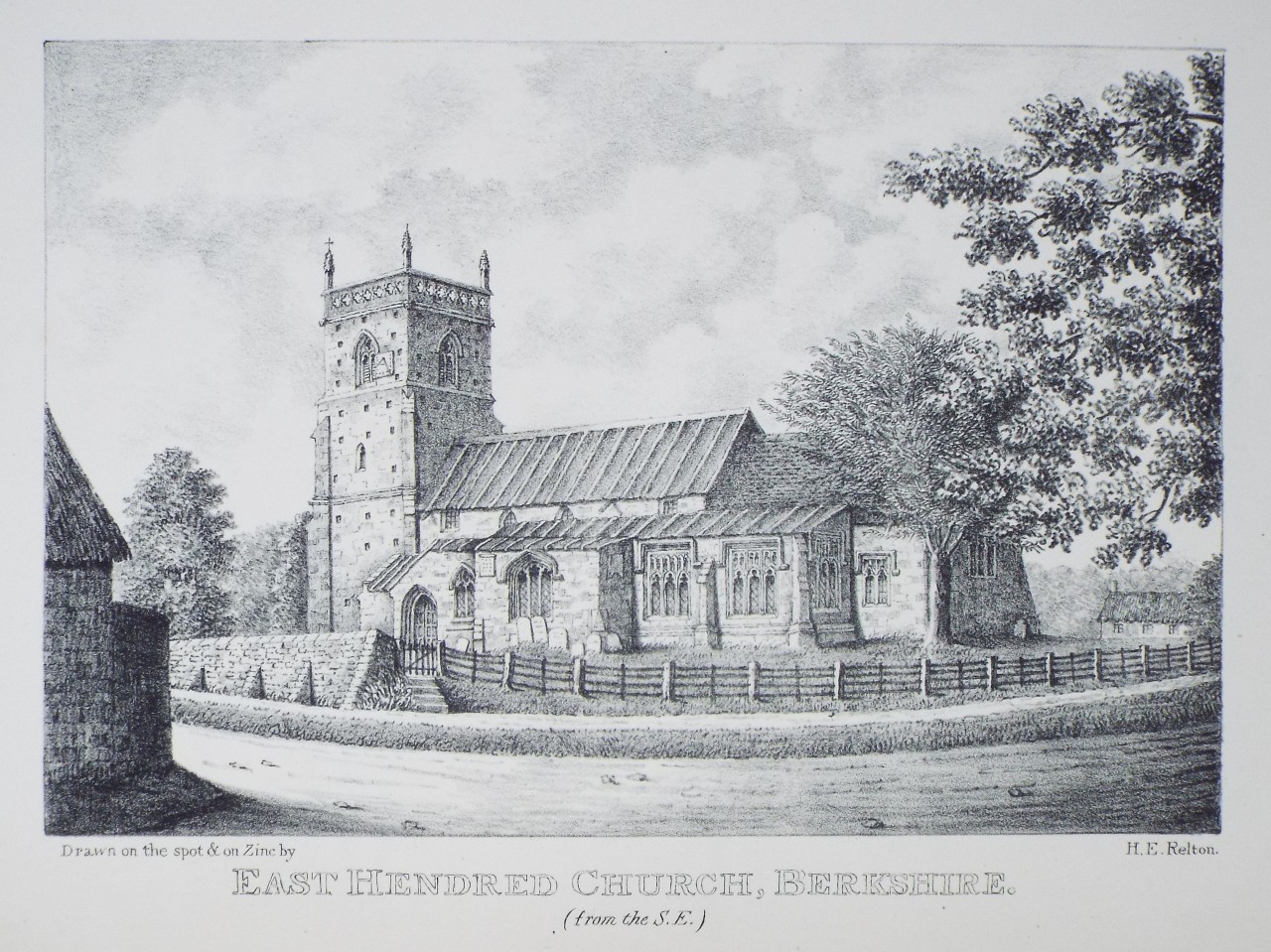 Zinc Lithograph - East Hendred Church, Berkshire. (from the S.E.) - Relton