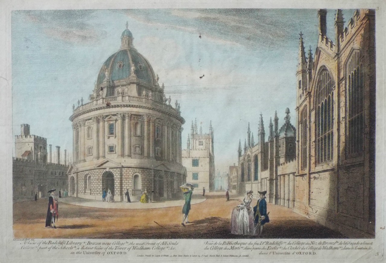 Print - A View of the Radcliffe Library (a), Brazen nose College (b), the west fron of All Souls College (c), part of the Schools (d), a distant View of the Tower of Wadham College (e), &c in the University of Oxford. - Woollett