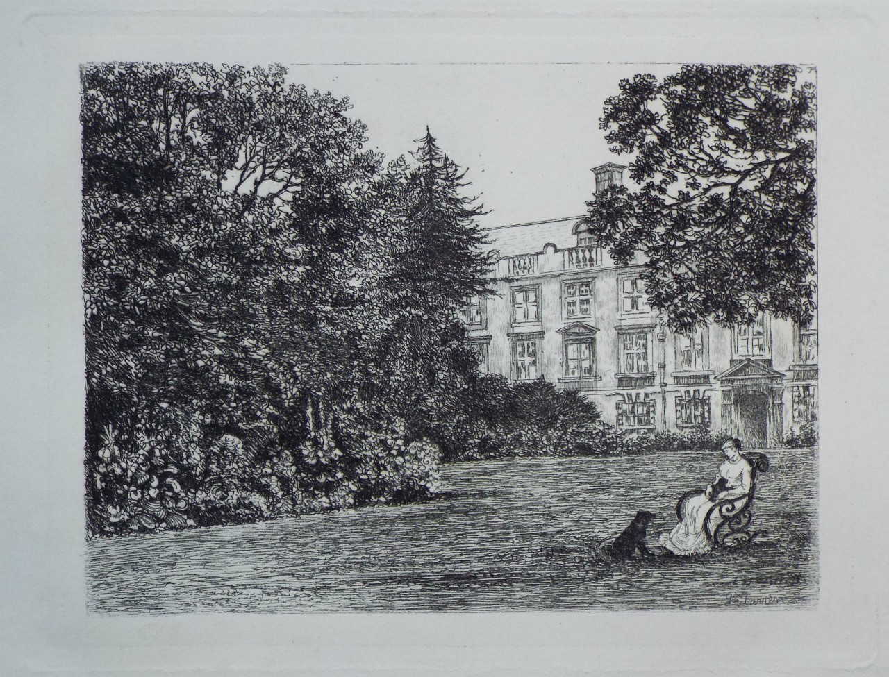 Etching - Christ's College, Gardens - Farren