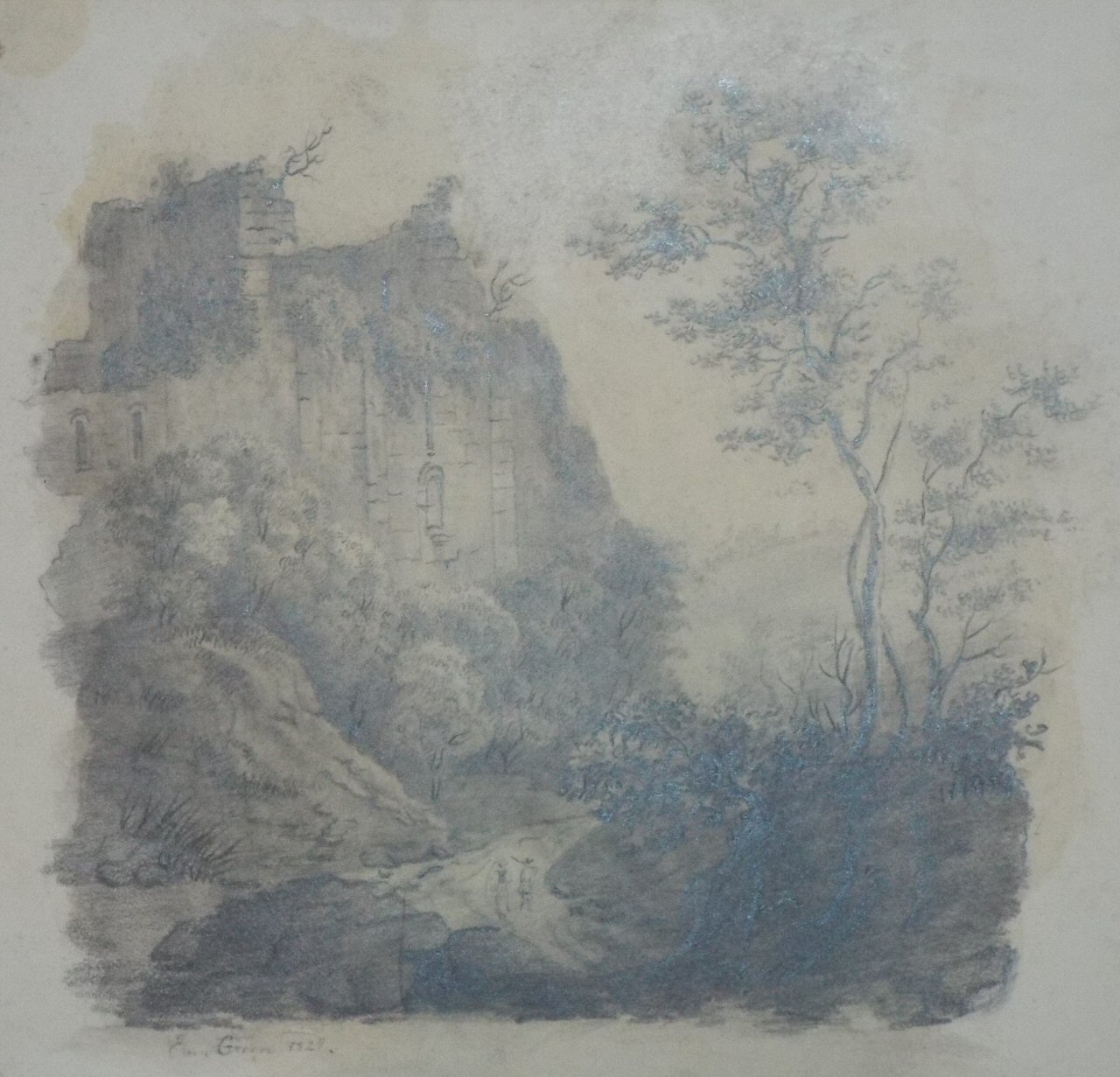 Pencil sketch - Landscape with ruined castle wall