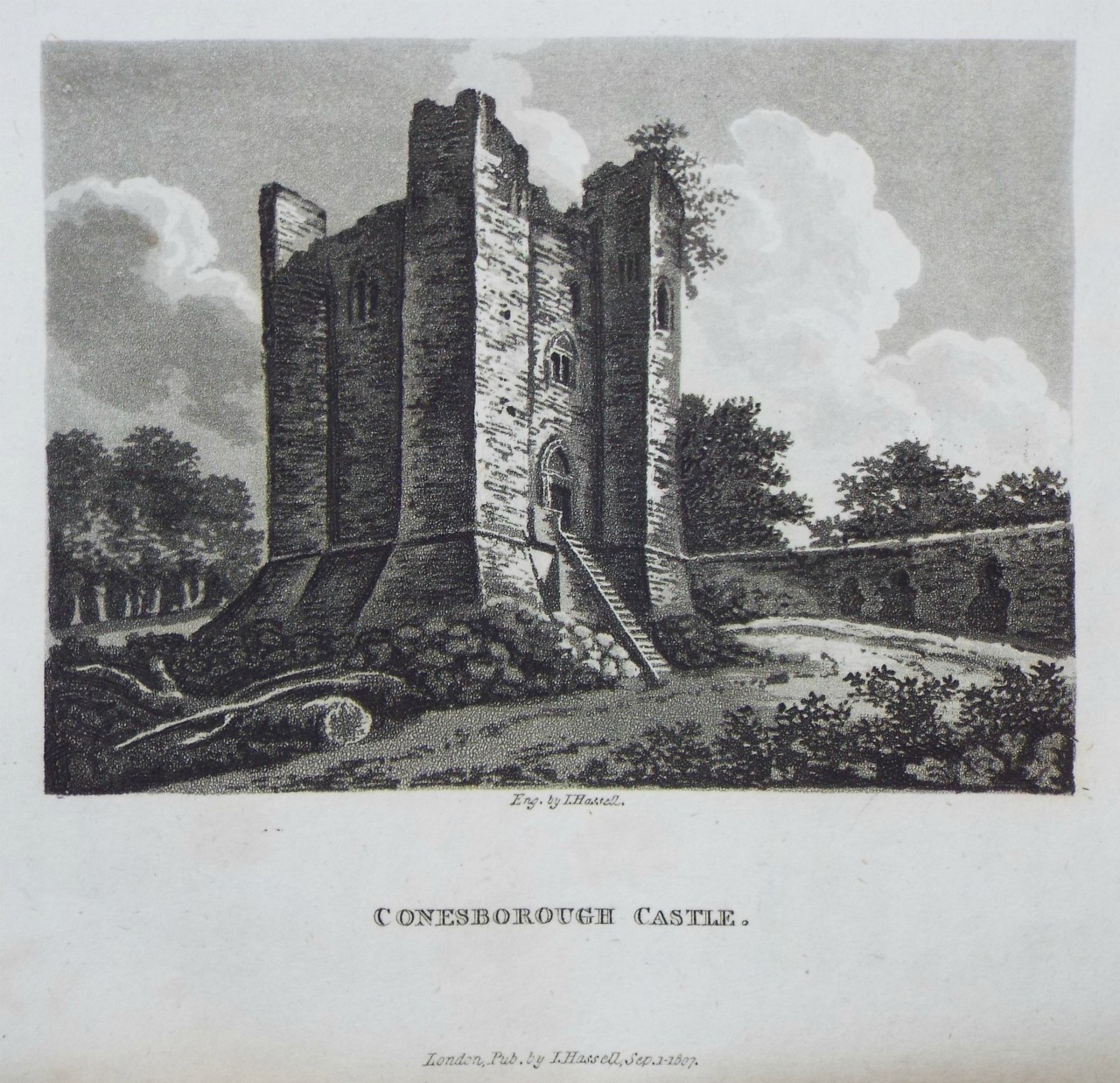 Aquatint - Conesborough Castle. - Hassell