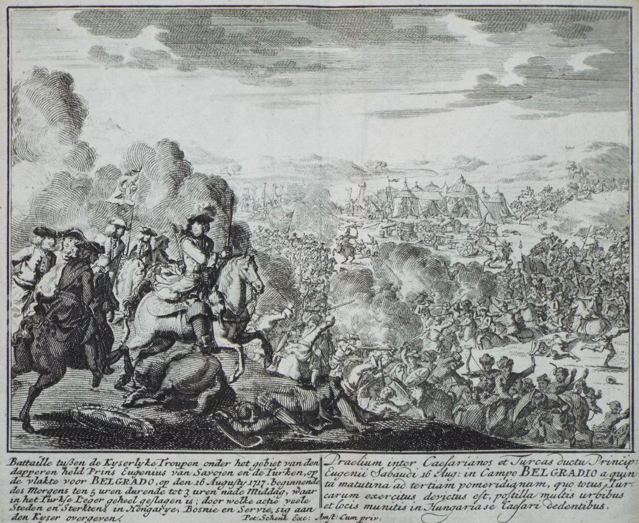 Etching - Battaille tusben de Kyserlyke Troupen onder het gebiet van den dapperen held Prins Eugenius... 1717