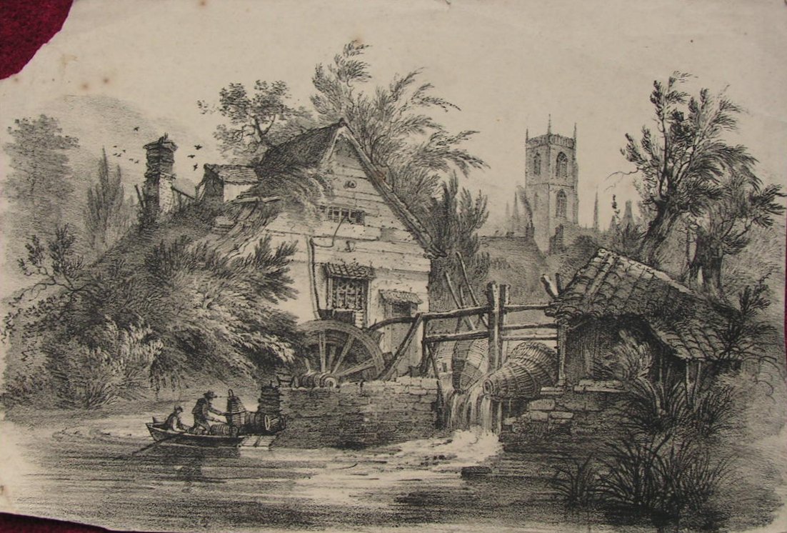 Lithograph - (Watermill with church in background)