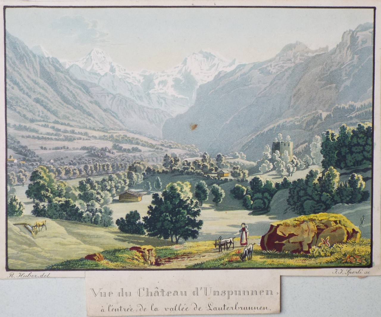 Aquatint - Vue du Chateau d'Unspunnen. a l'entree de la vallee de Lauterbrunnen. - Sperli