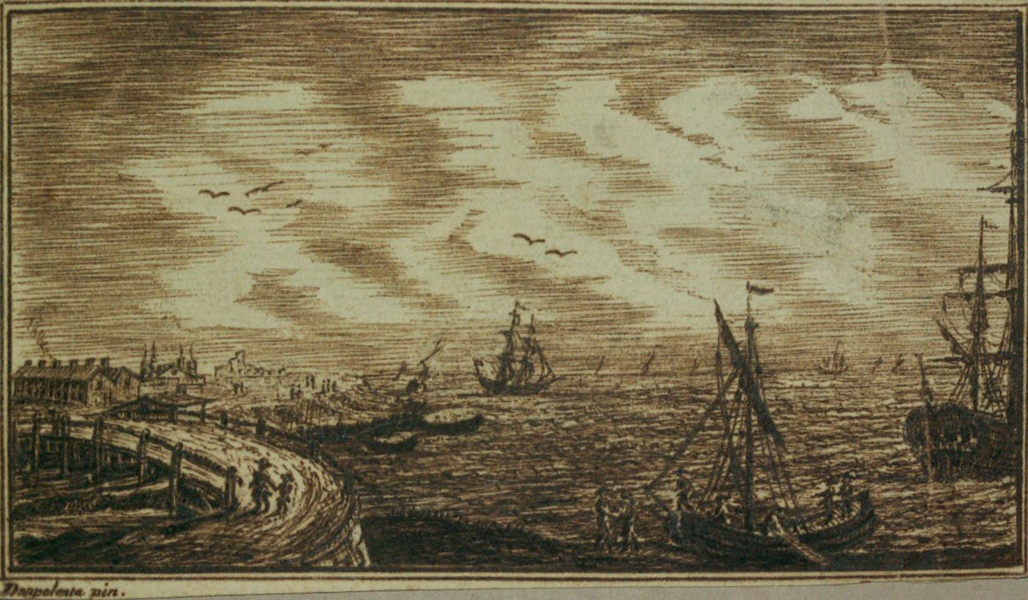 Etching - (Coastal landscape with sailing ships)