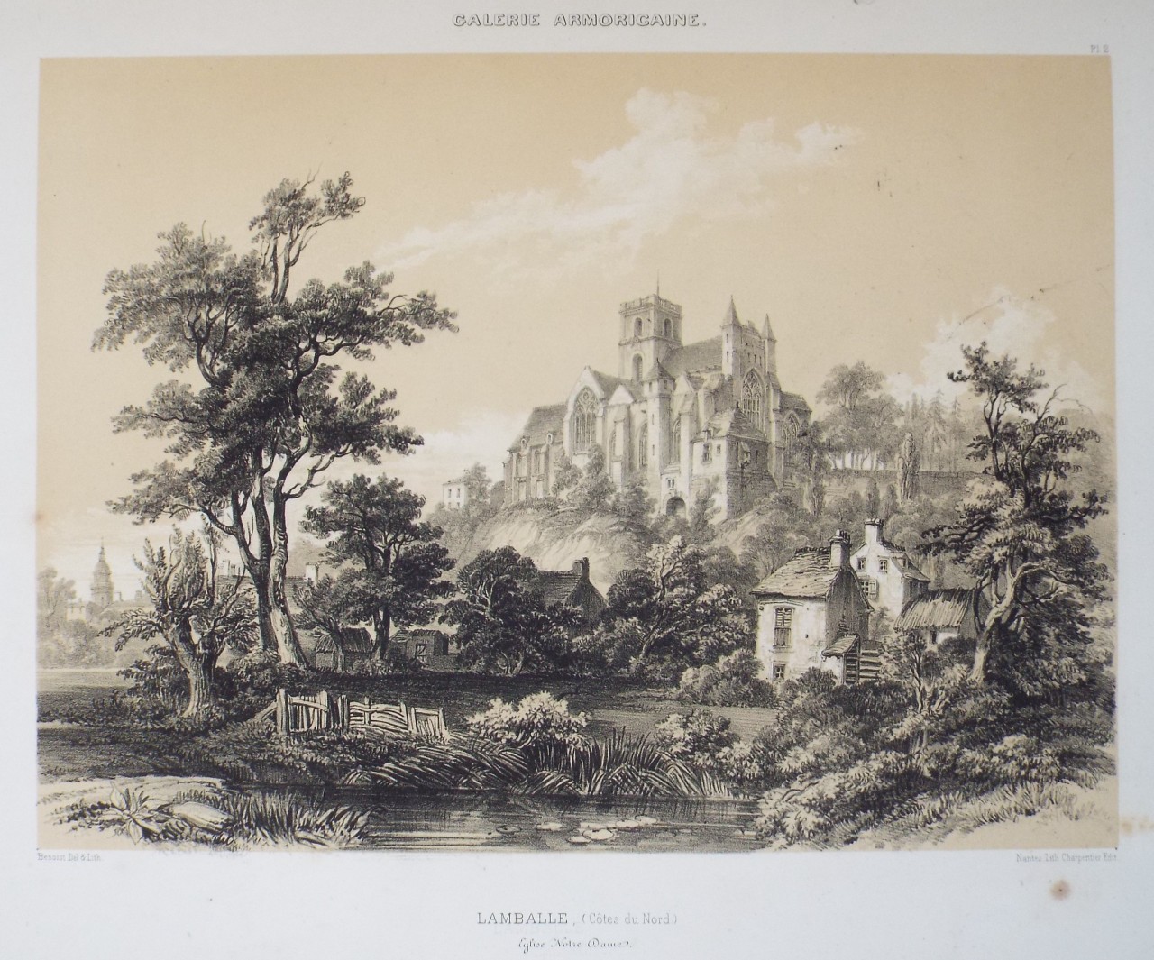 Lithograph - Galerie Armoricaine. Lamballe, (Cotes du Nord) Ancienne Cathedrale Eglise Notre Dame. - Benoist