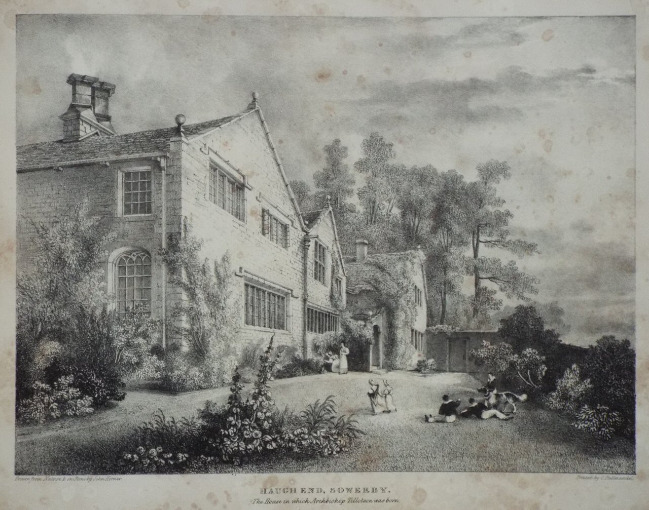 Lithograph - Haugh End, Sowerby. The house in which Archbishop Tillotson was born. - Horner
