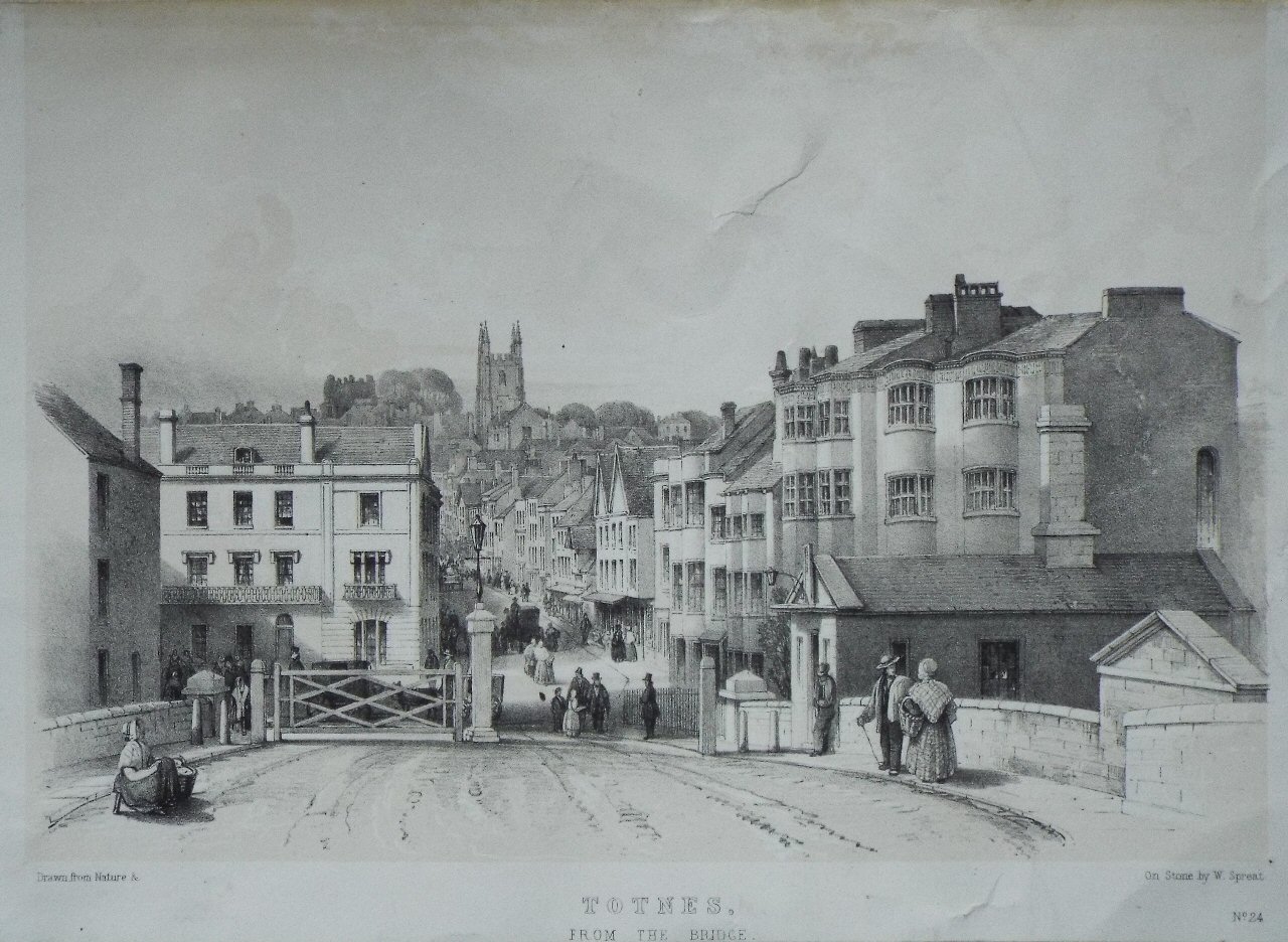 Lithograph - Totnes, from the Bridge. - Spreat
