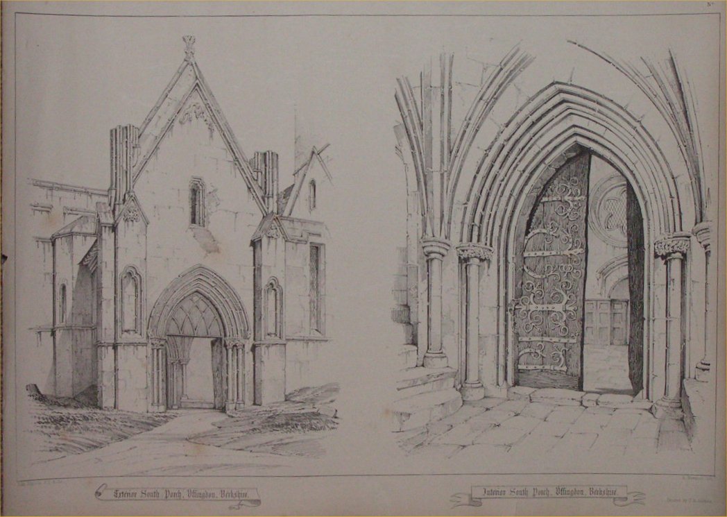 Lithograph - Exterior South Porch, Uffington, Berkshire. Interior South Porch, Uffington, Berkshire. - Newman