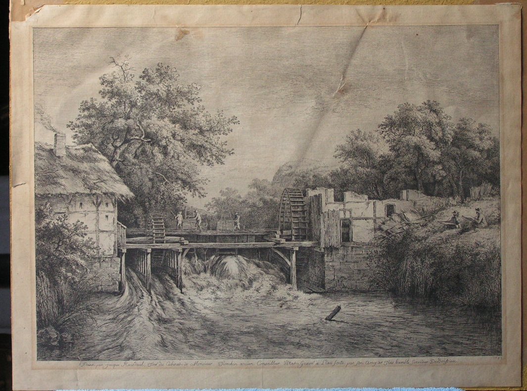 Etching - (River scene with mill & white water) - De