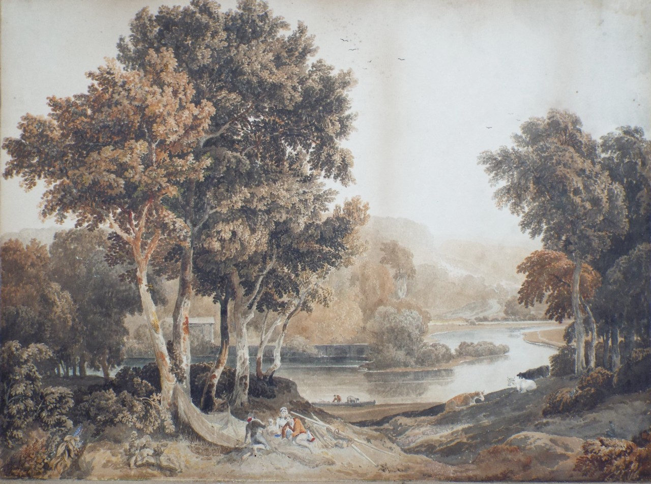 Watercolour - River landscape with picnickers, probably on the Thames
