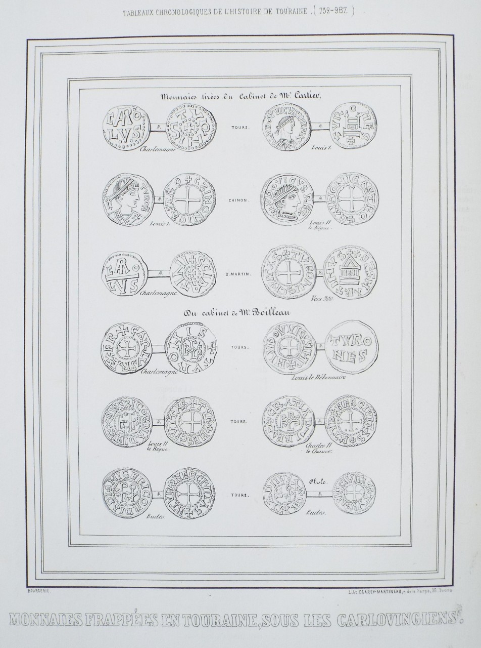 Lithograph - Monnaies Frappees en Touraine, sous les Carlovigingiens.