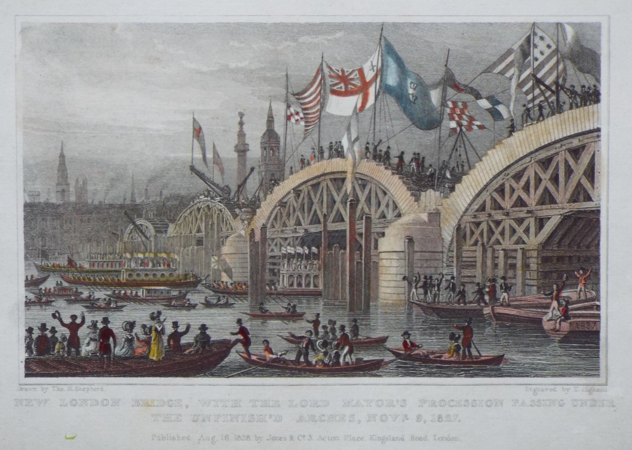 Print - New London Bridge, with the Lord Mayor's Procession passing under the unfinish'd Arches, Novr. 9 1827. - Higham