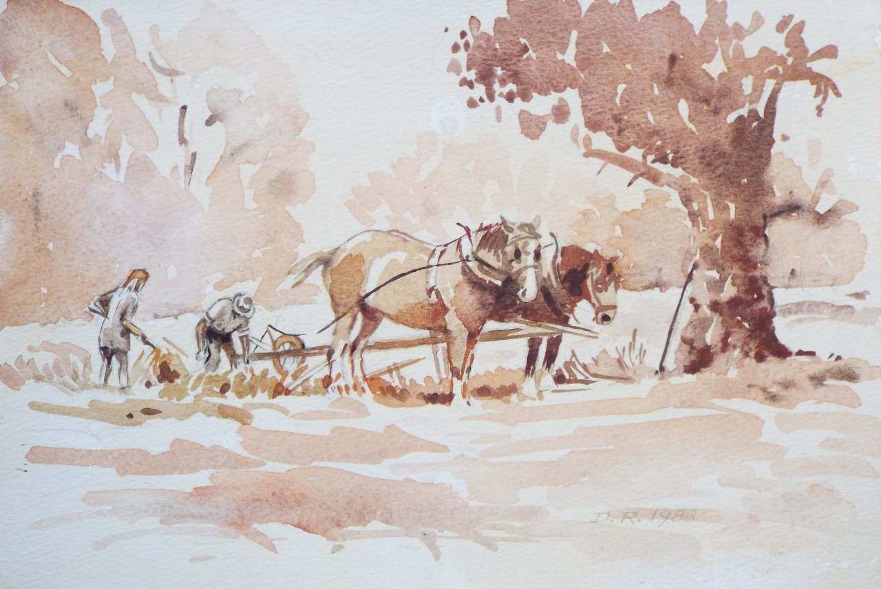 Watercolour - Horse drawn ploughing