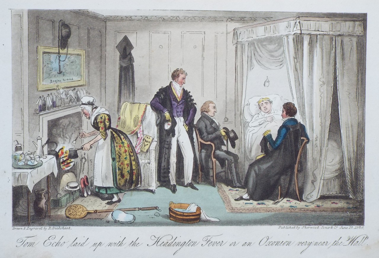 Aquatint - The Echo laid up with the Headington Fever or an Oxonian very near the Wall. - Cruikshank
