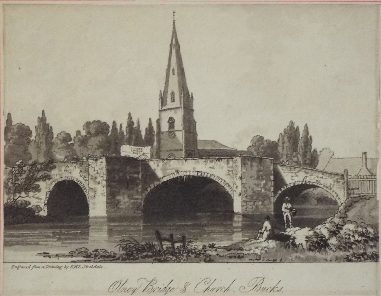 Aquatint - Olney Bridge & Church, Bucks.