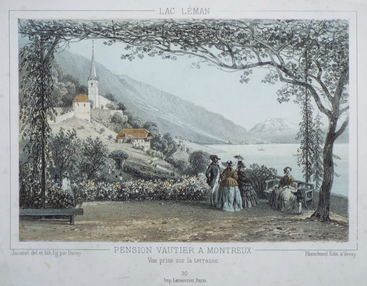 Lithograph - Lac Leman Pension Vautier a Montreux Vue prise sur la Terasse - 