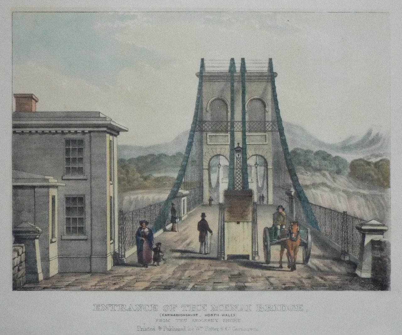 Lithograph - Entrance of the Menai Bridge, (Carnarvonshire, North Wales) From the Anglesey Shore.
