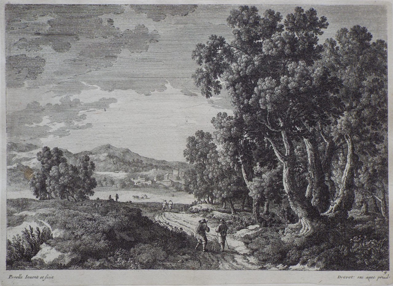 Etching - Landscape with travellers on a road leading to a town - Perelle