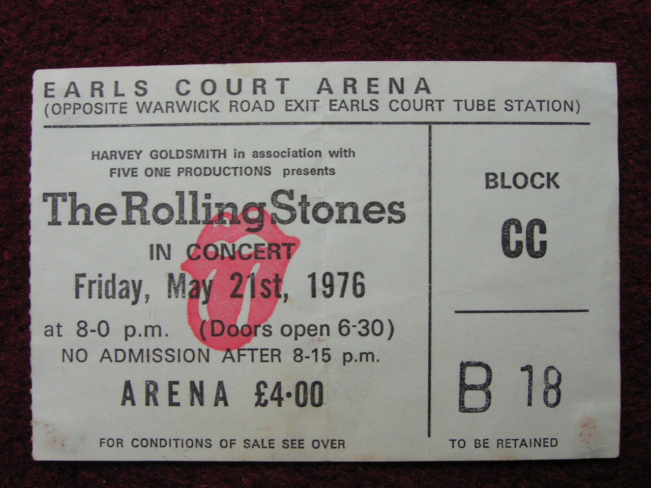 Ticket Stub - Rolling Stones Earls Court Fri 21 May 1976