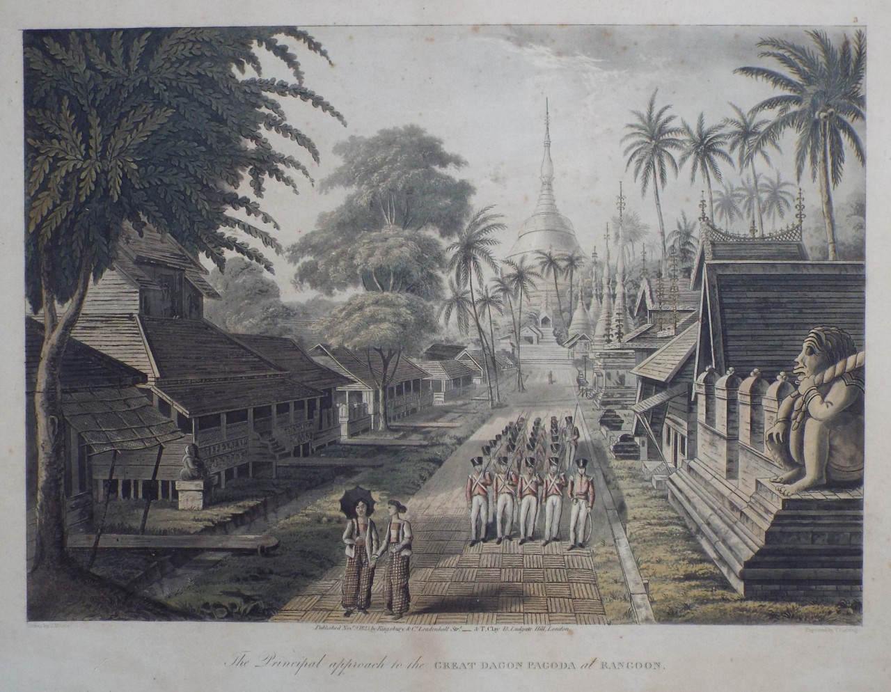 Aquatint - The Principal approach to the Great Dagon Pagoda at Rangoon. - Fielding