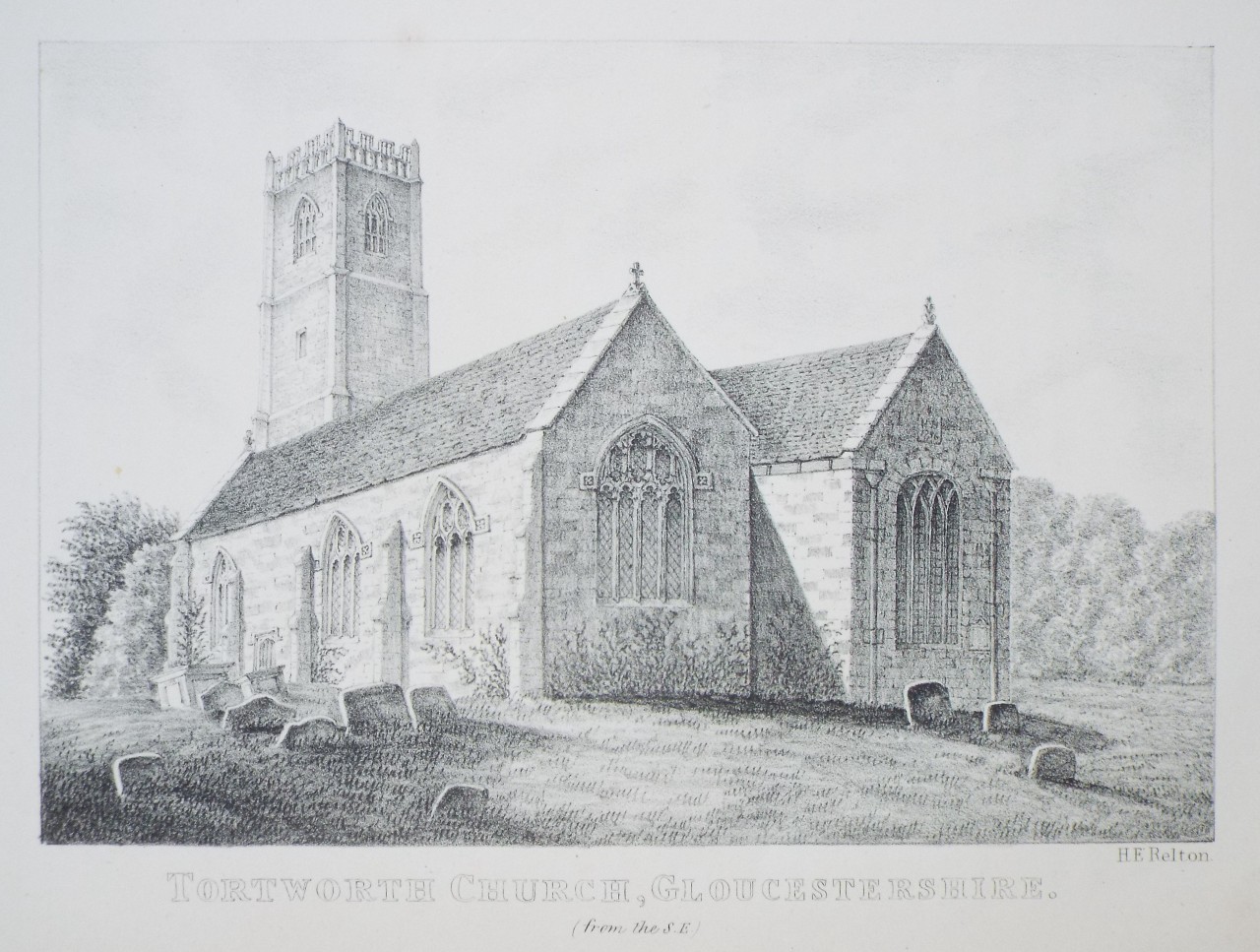 Zinc Lithograph - Tortworth Church, Gloucestershire. (from the S.E.) - Relton