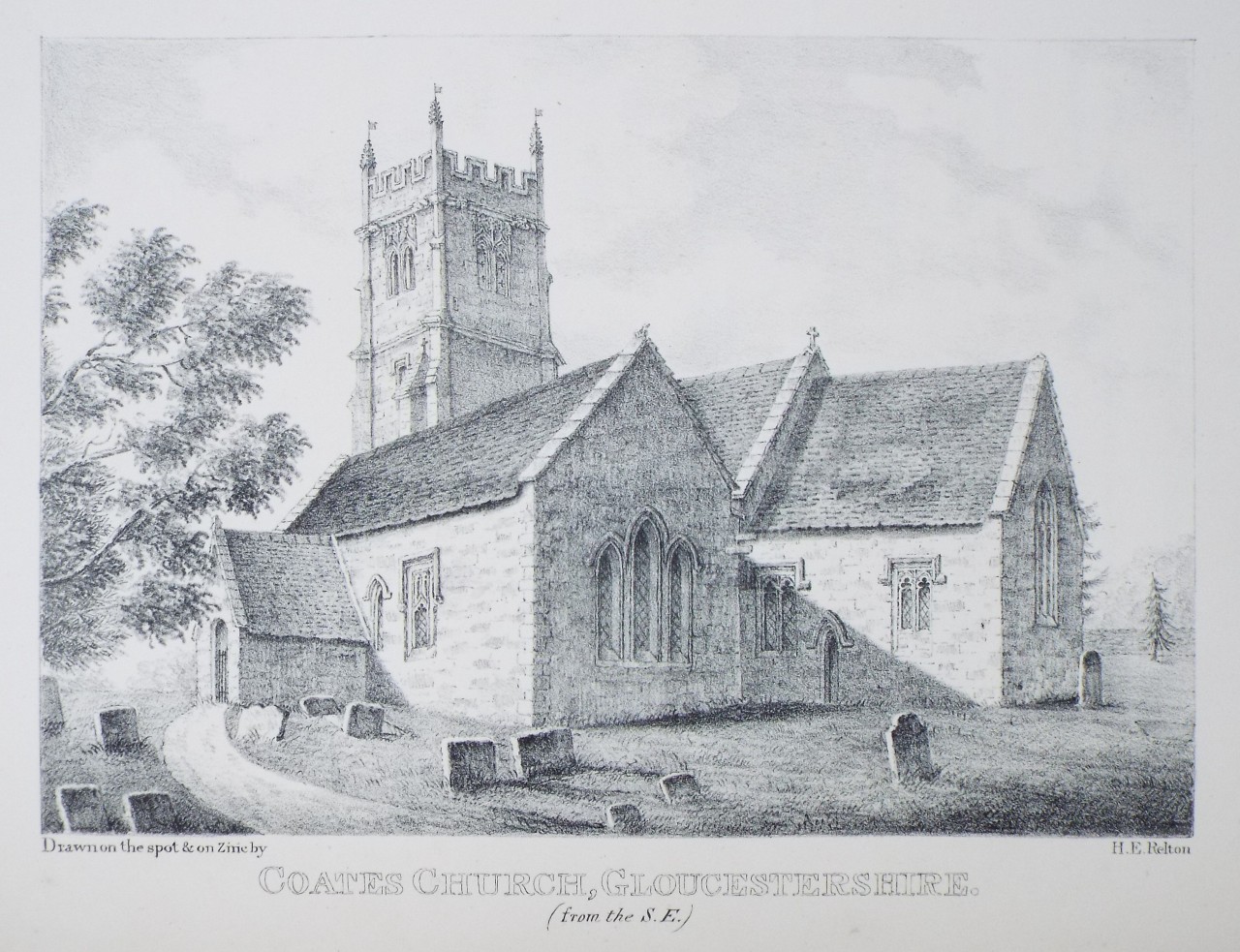 Zinc Lithograph - Coates Church, Gloucestershire. (from the S.E.) - Relton