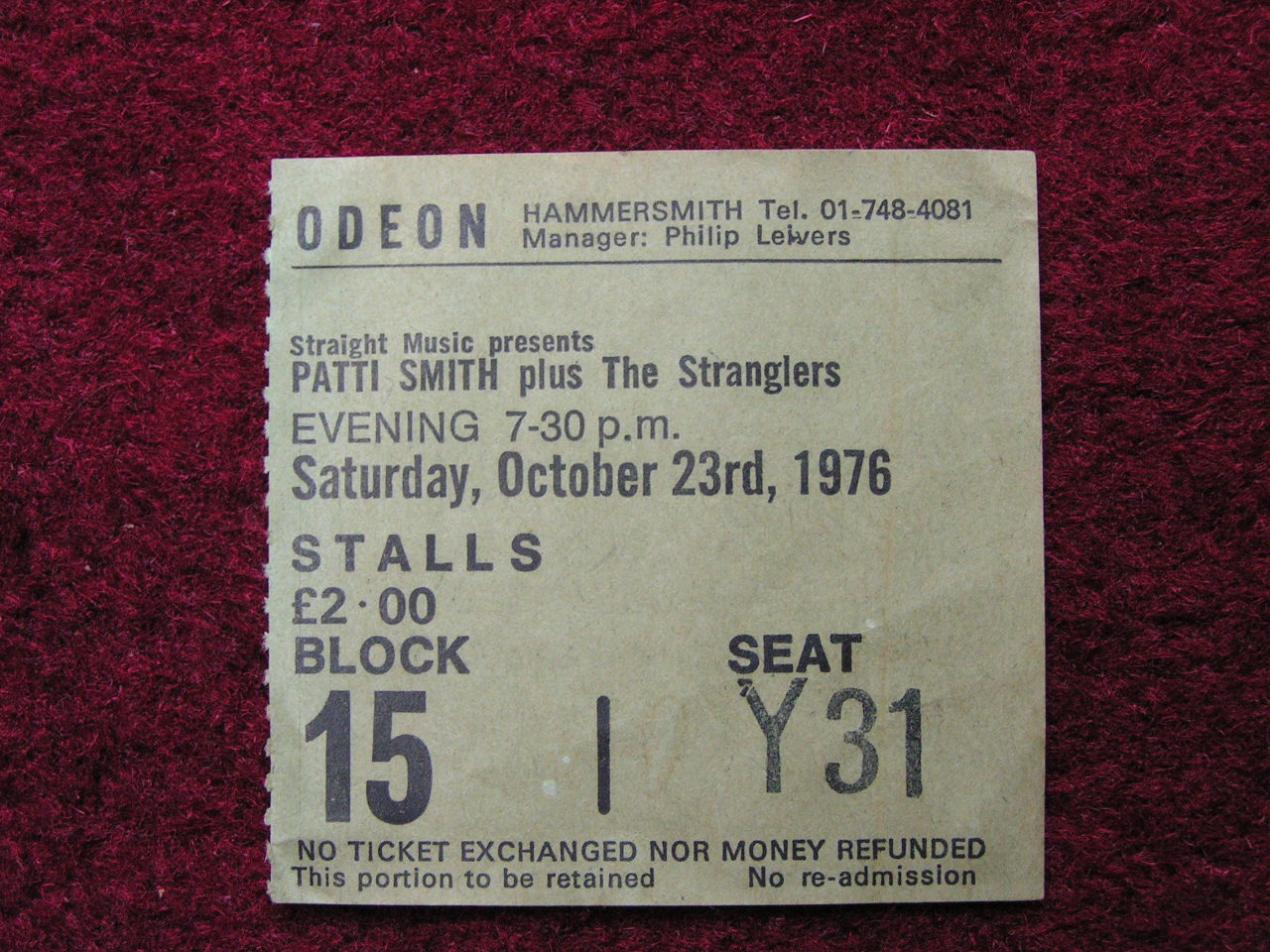 Ticket Stub - Patti Smith Hammersmith Odeon Sat Oct 23 76