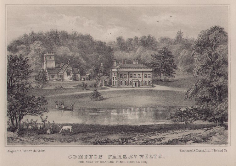 Lithograph - Compton Park, Co.Wilts. (House & Church) - Stannard