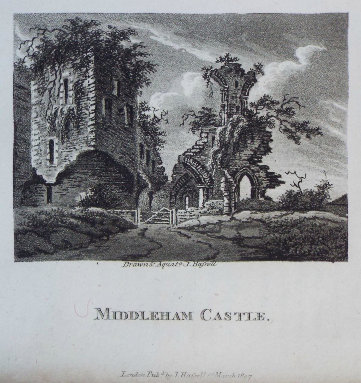 Aquatint - Middleham Castle. - Hassell