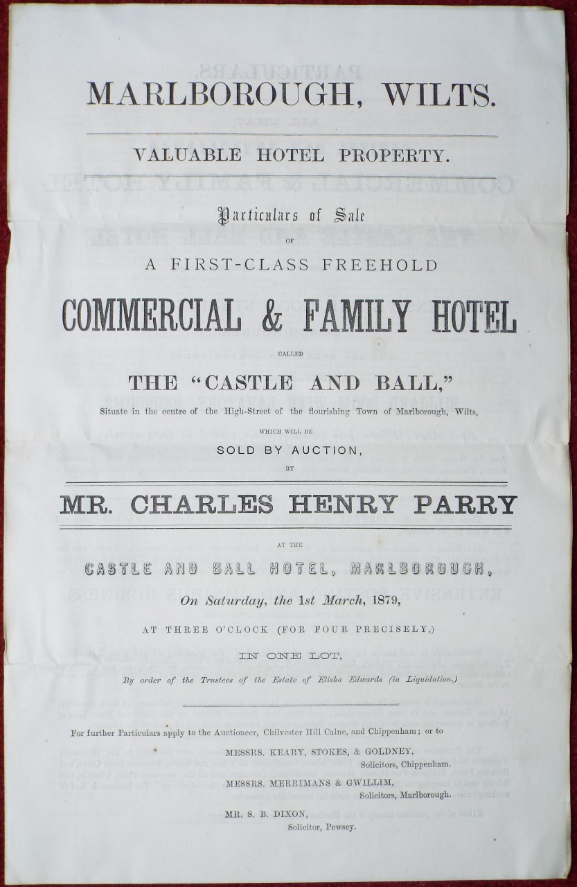 Letterpress - Castle & Ball Hotel, Marlborough, Wilts. Particulars & Conditions of Sale