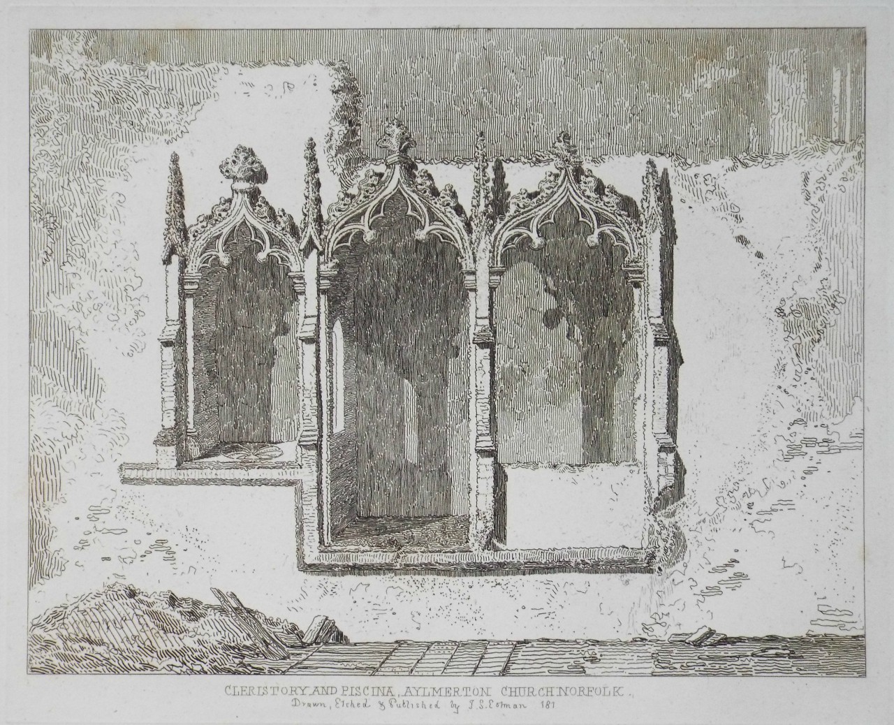 Etching - Cleristory and Piscina, Aylmerton Church Norfolk - Cotman